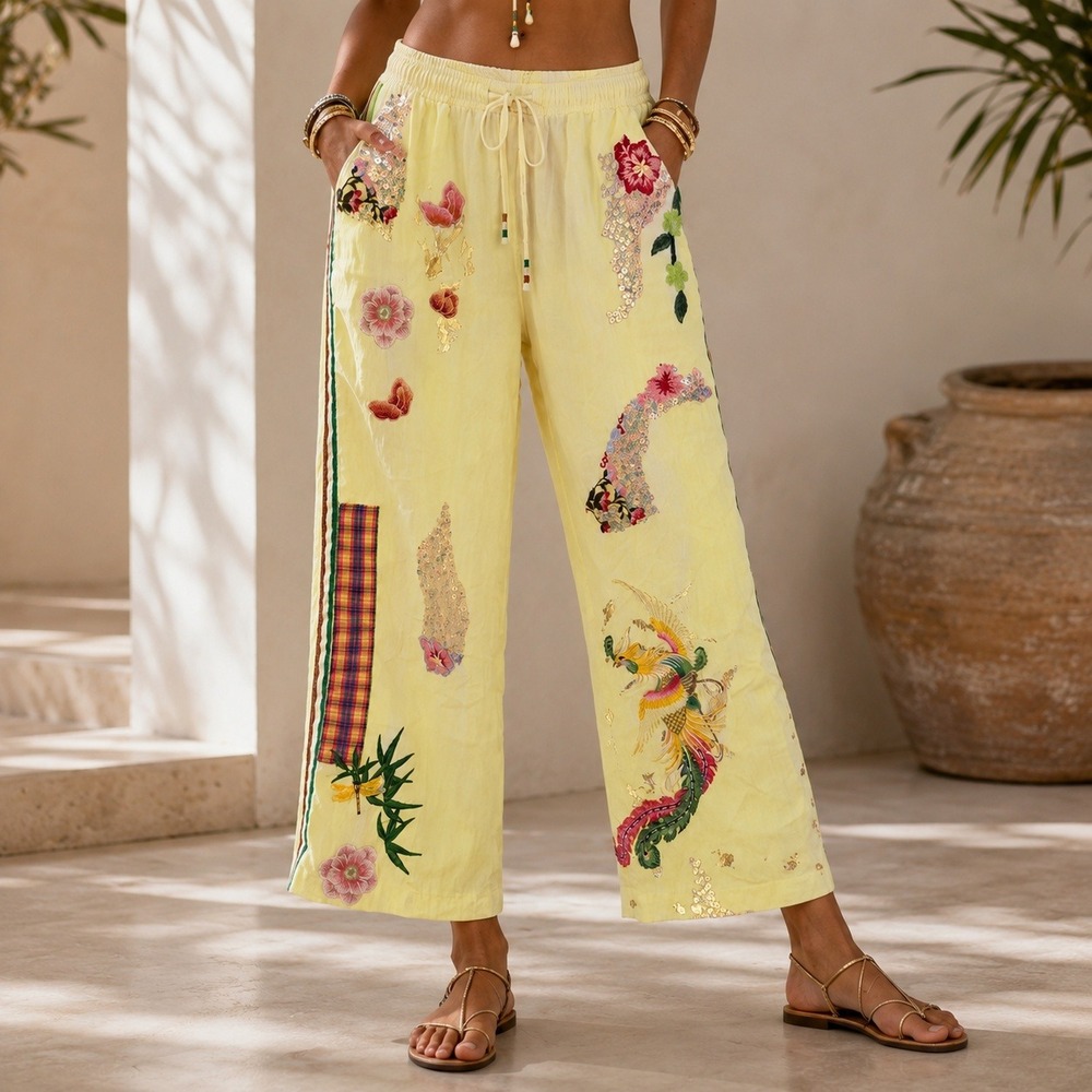 Studio Nizhoni Yellow Embroidered Phoenix Sequin Wide Leg Pants Women L